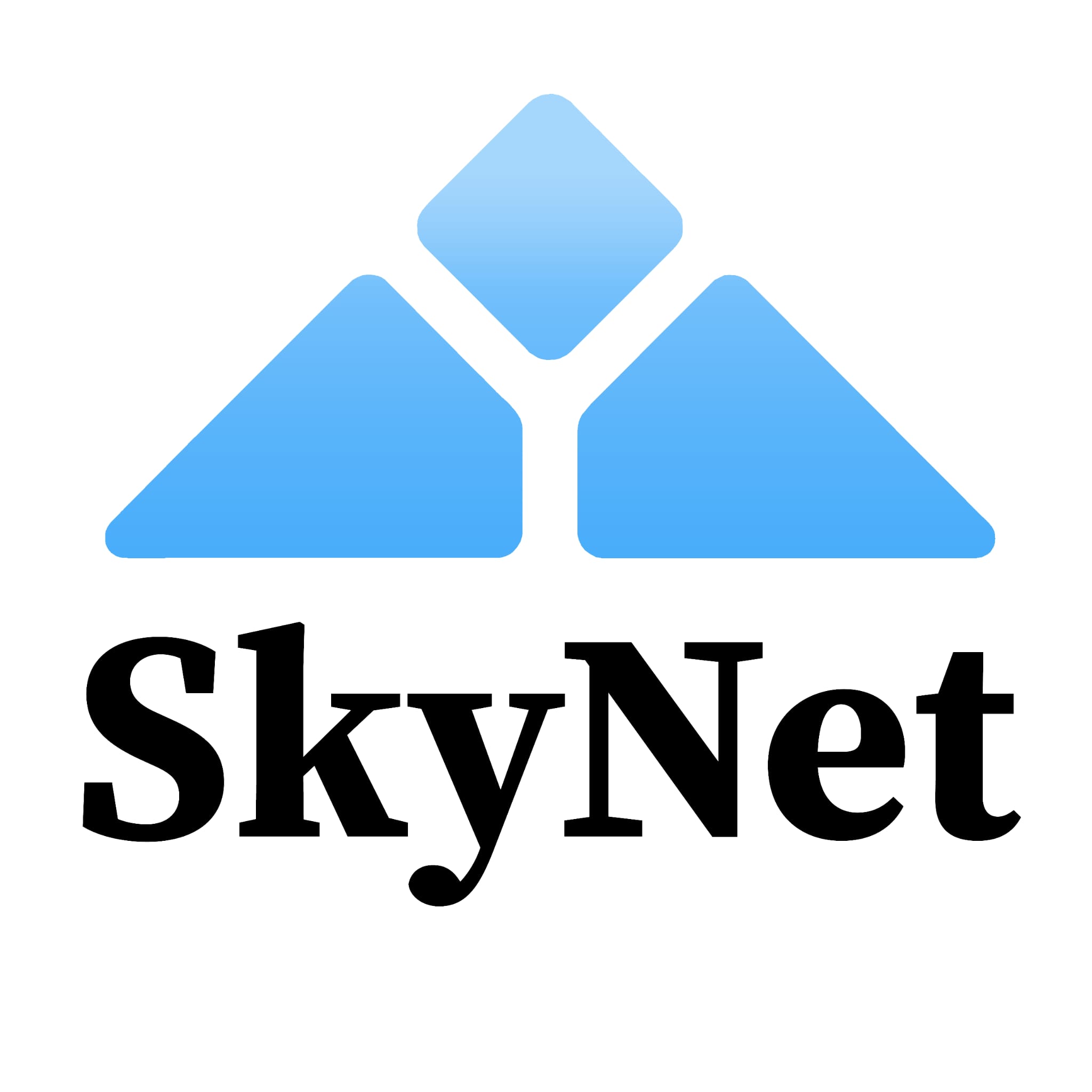Logo del gruppo SkyNet, un triangolo azzurro con la scritta SkyNet in nero
